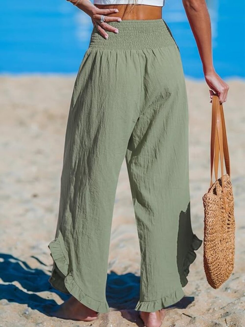 NWT Cupshe Green Smocked Waist Ruffle Cuff Pants - Size L